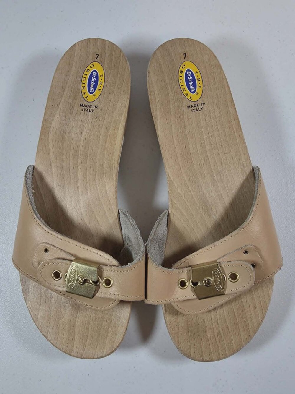 DR SCHOLLS ORIGINAL WOOD SOLE SANDALS SLIDES TAN LEATHER ITALY SIZE 7
